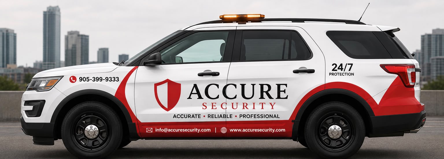 Branded Accure Security patrol vehicle serving Brampton properties.