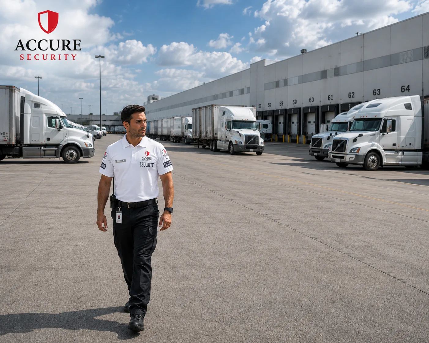 Accure Security officer patrolling a Windsor-area truck and logistics yard.