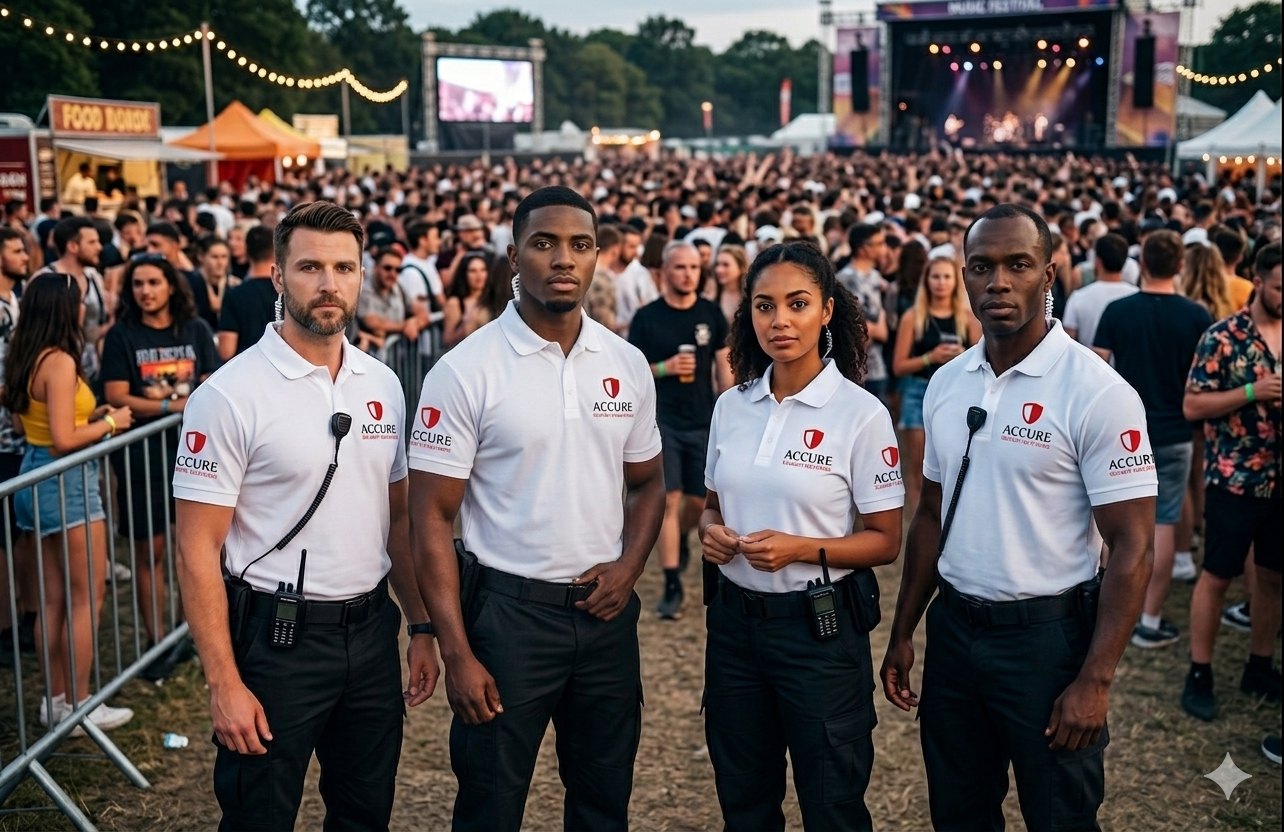 Accure Security team standing together in front of a large outdoor event crowd.