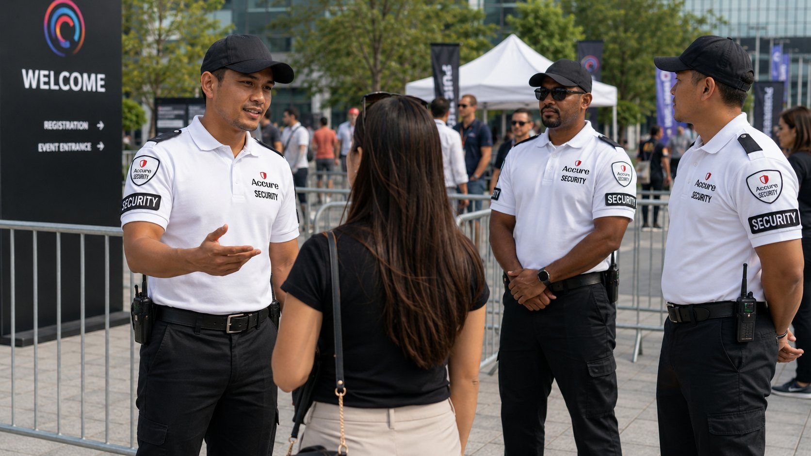Accure Security officers supporting entry control and guest safety at an outdoor event.