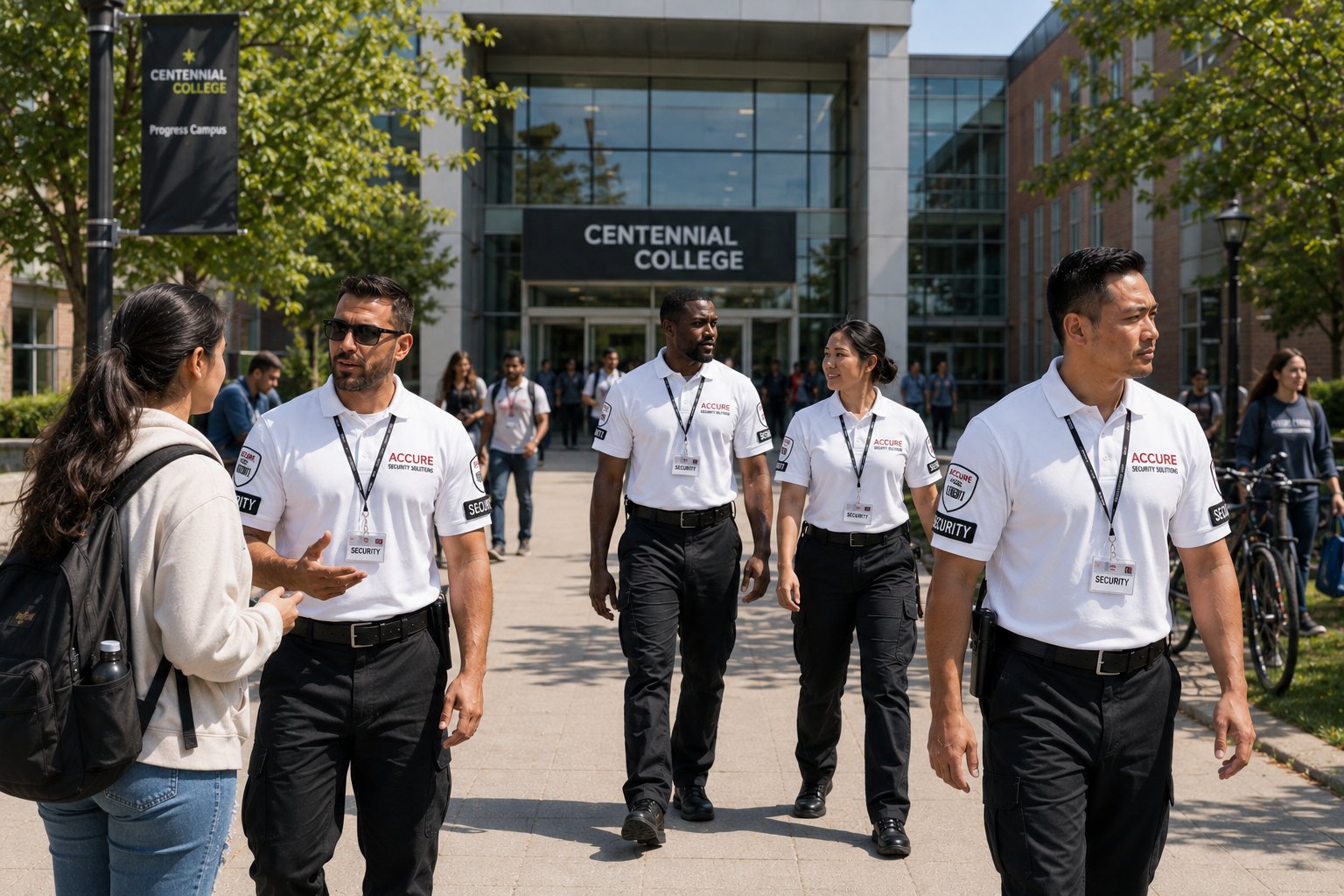 Accure Security officers walking together on a campus patrol route.