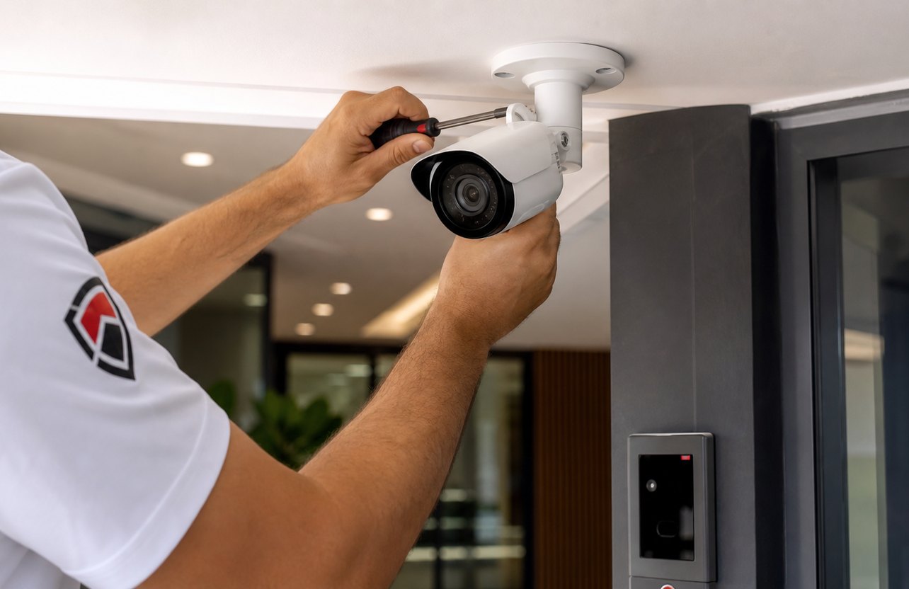 Accure Security technician installing a CCTV camera at a commercial entry point.