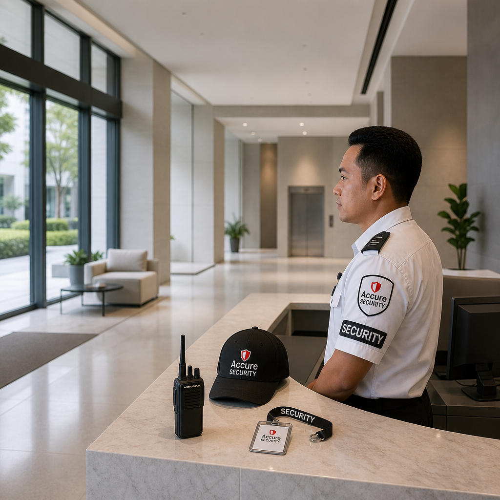 Accure Security officer on duty inside a commercial building lobby.