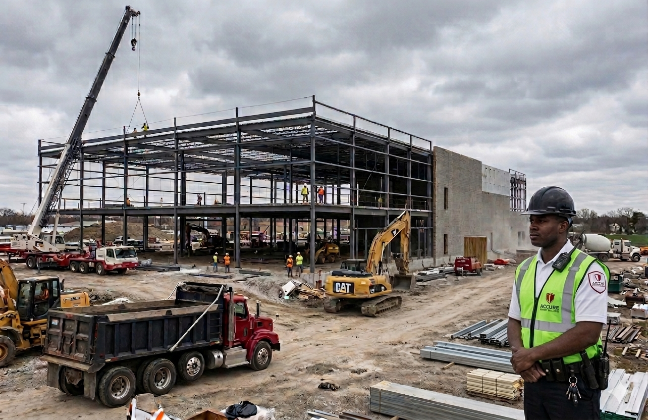 Accure Security guard monitoring a construction site with equipment and structure framing.