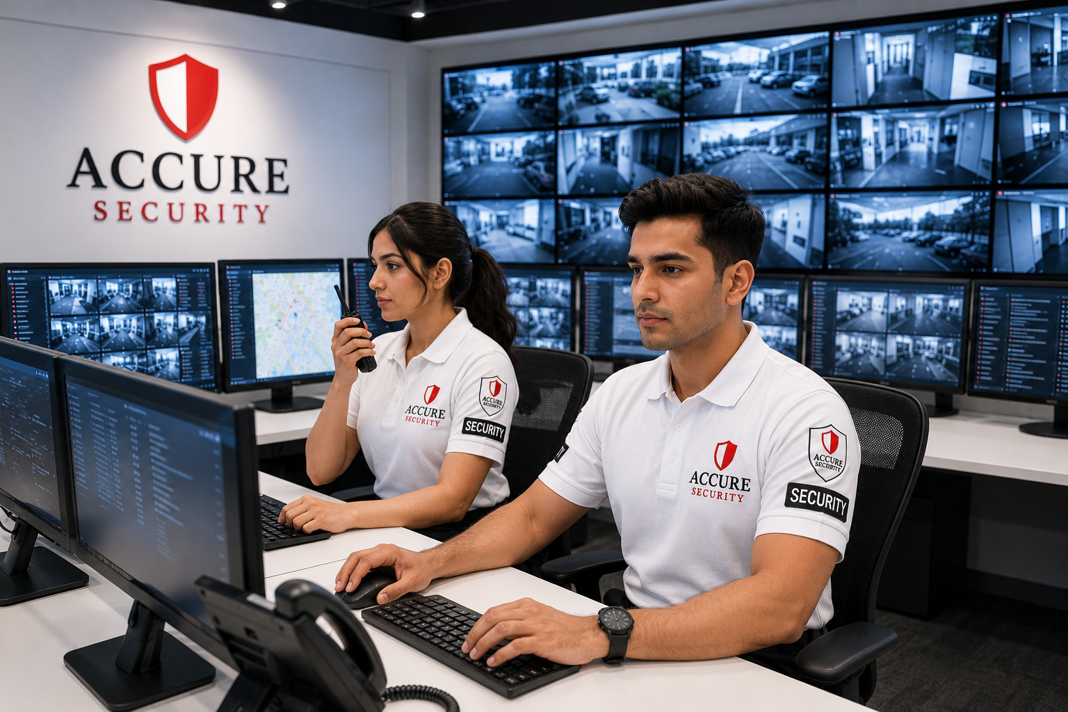 Accure Security officers monitoring live CCTV feeds inside the Accure control centre.