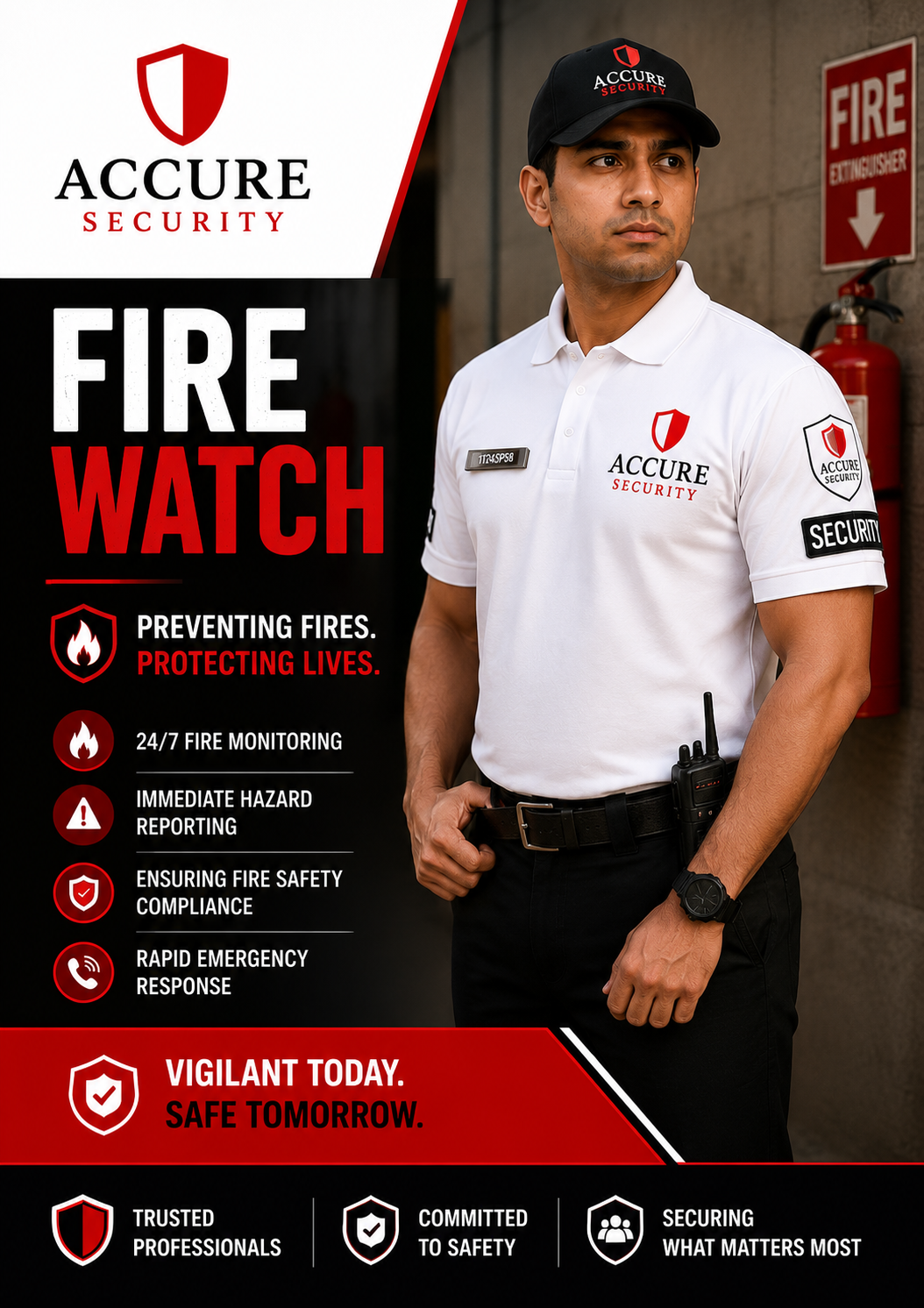 Accure Security guard monitoring an active construction site and contractor access area.