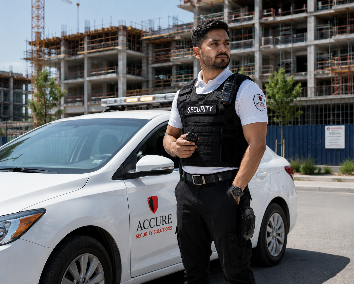 Accure Security mobile patrol officer standing beside a marked patrol vehicle.