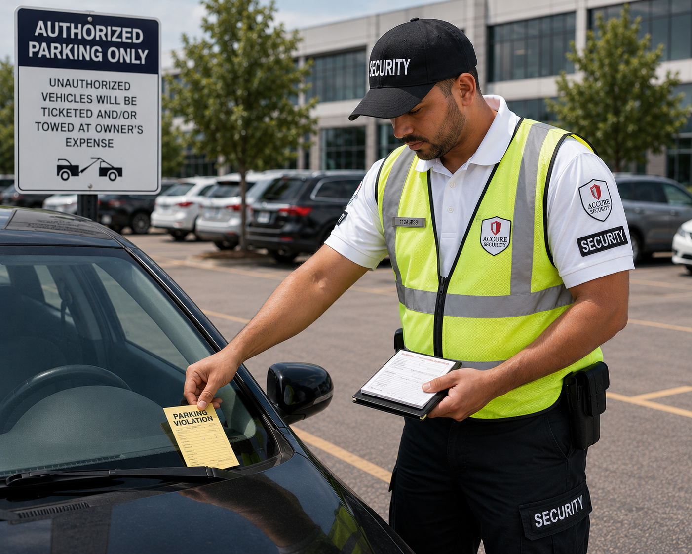 Accure Security parking enforcement officer issuing a violation notice on a private parking lot.