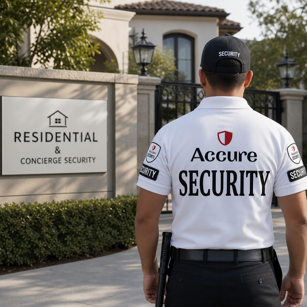 Accure Security concierge officer welcoming a resident at a private residential entrance.